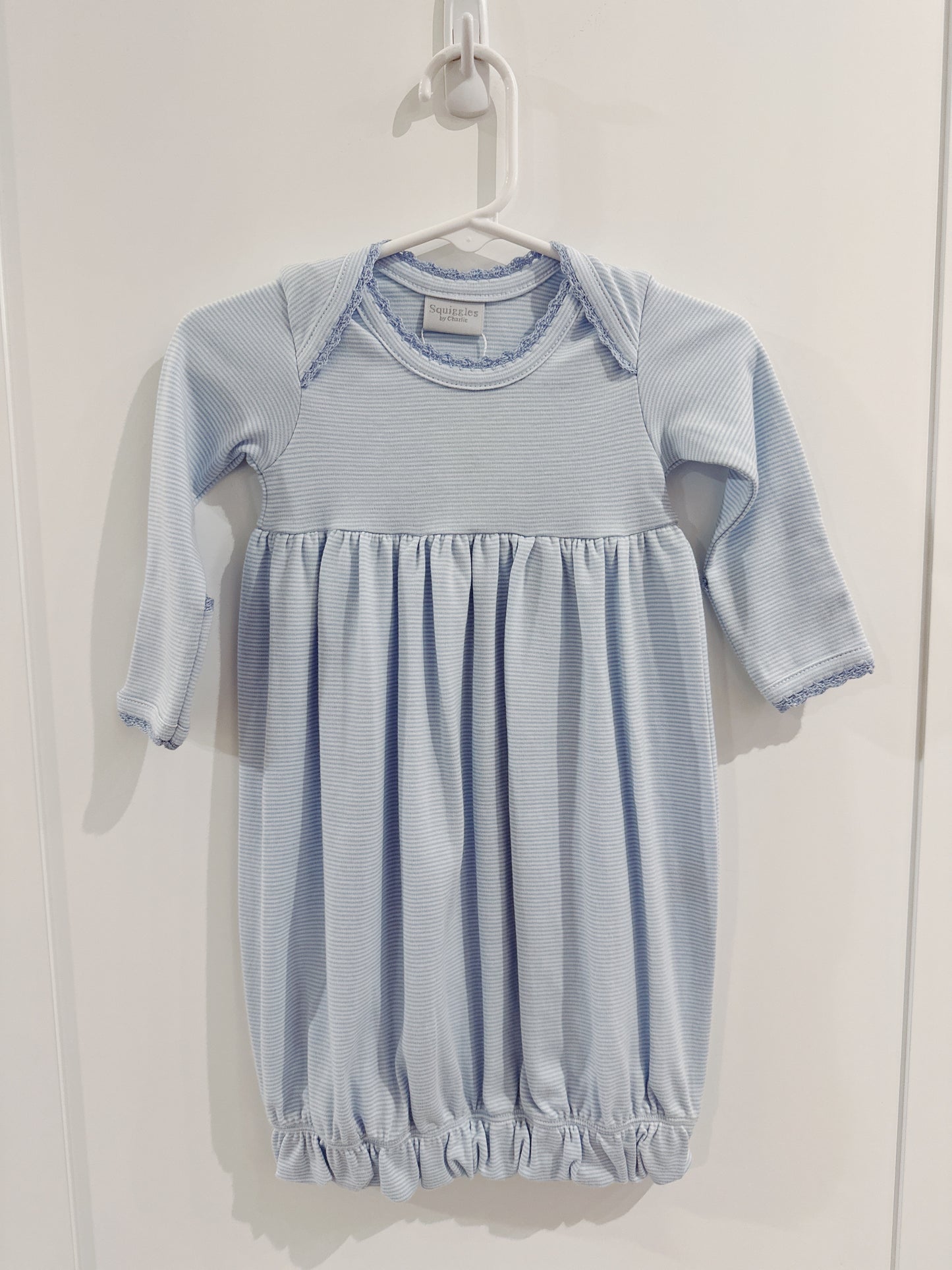 Crochet Edge Lap Shoulder Day Gown- Light Blue Stripe
