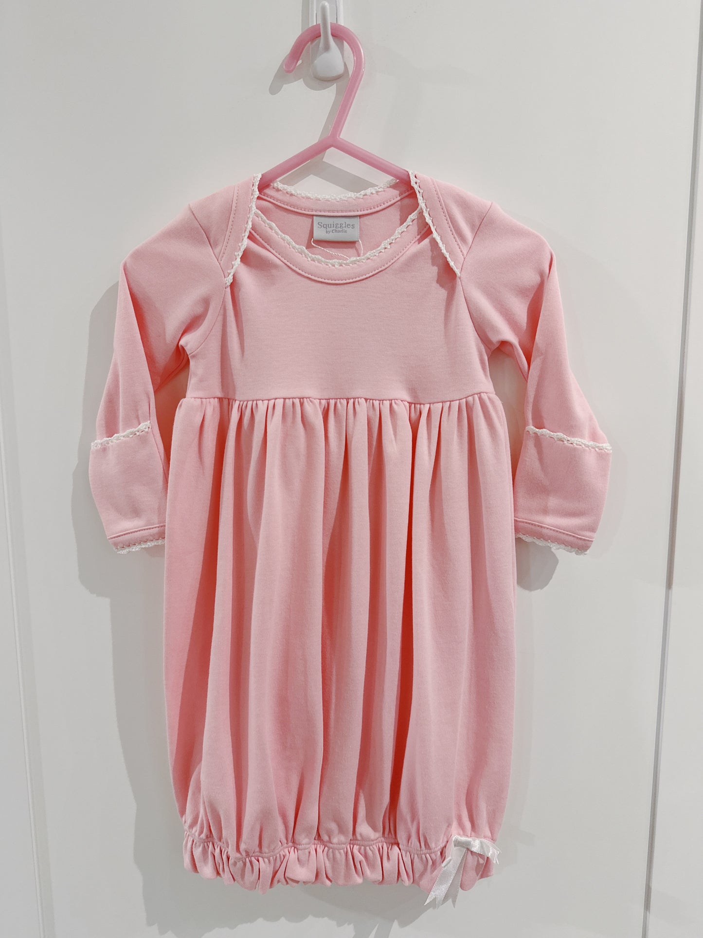 Crochet Edge Lap Shoulder Day Gown- Pink/White