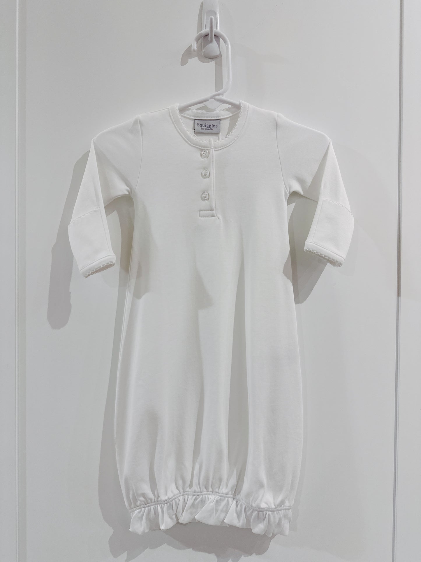 Button Front Baby Gown- White/White