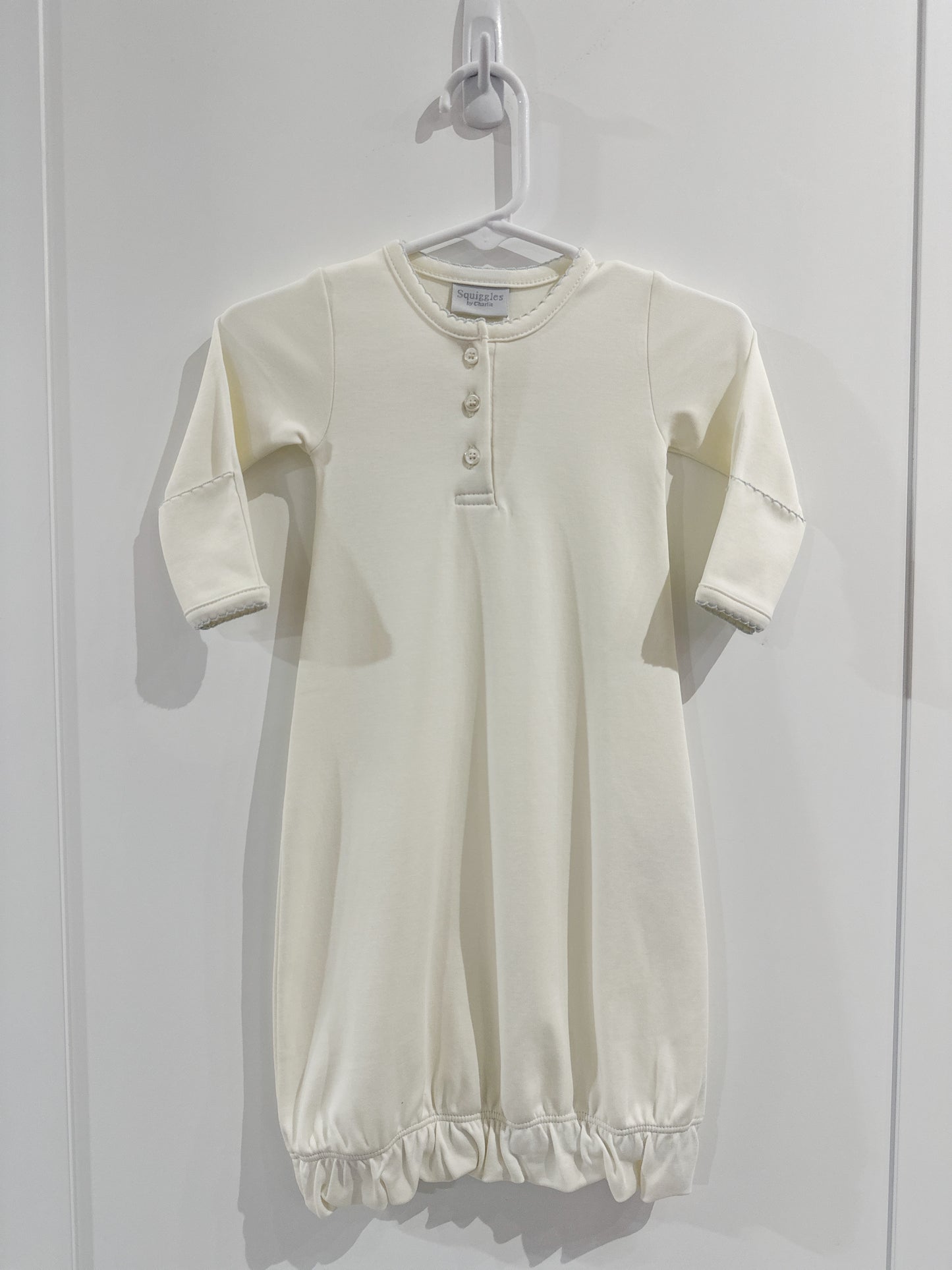 Button Front Baby Gown- Ivory/Blue
