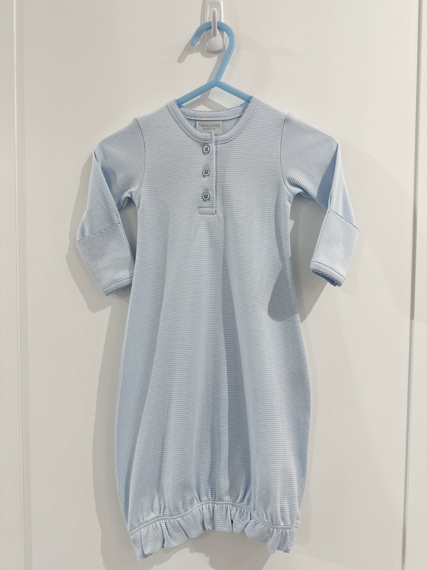 Button Front Baby Gown- Light Blue Mini Stripe