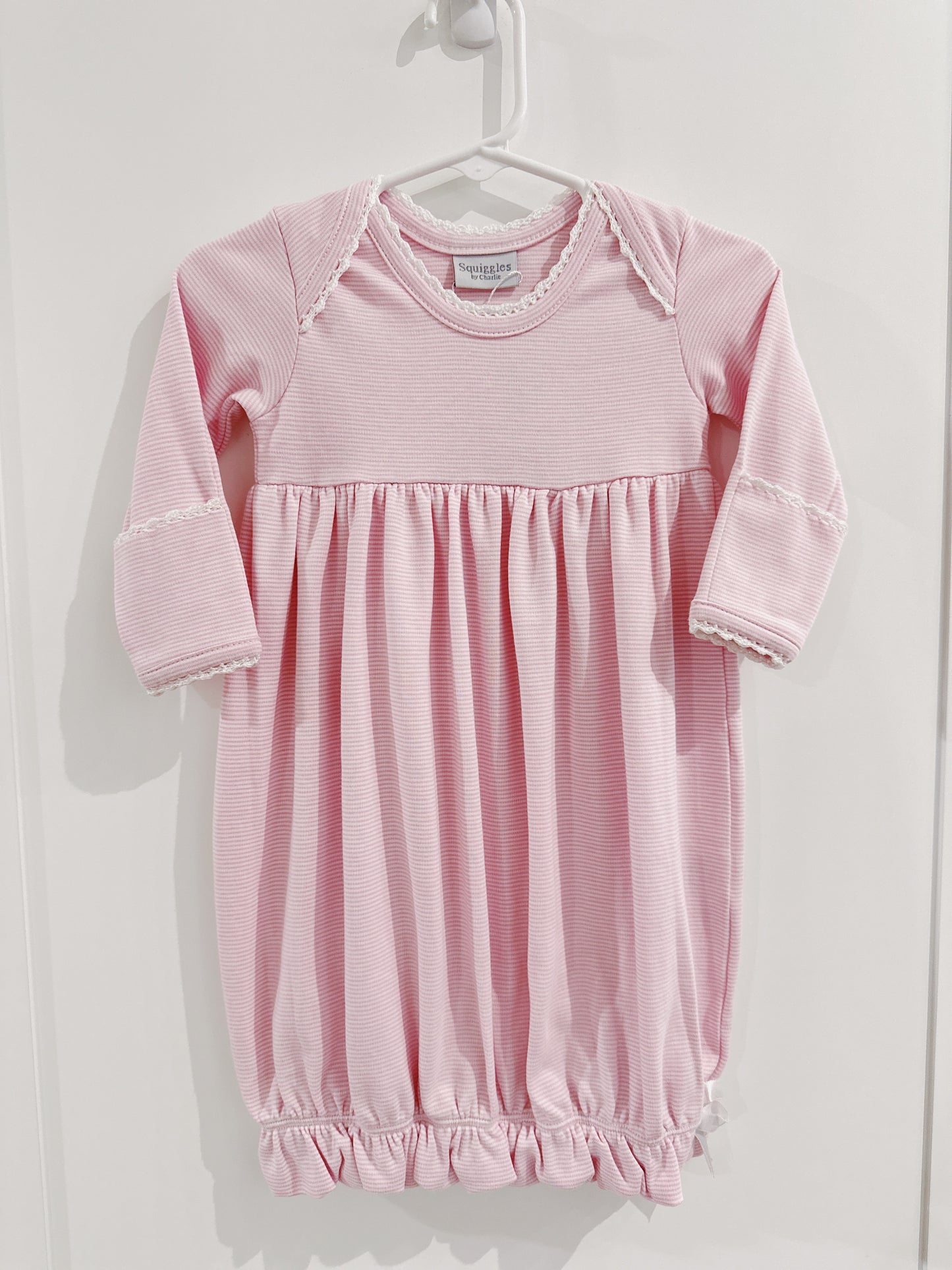 Crochet Edge Lap Shoulder Day Gown- Light Pink Stripe