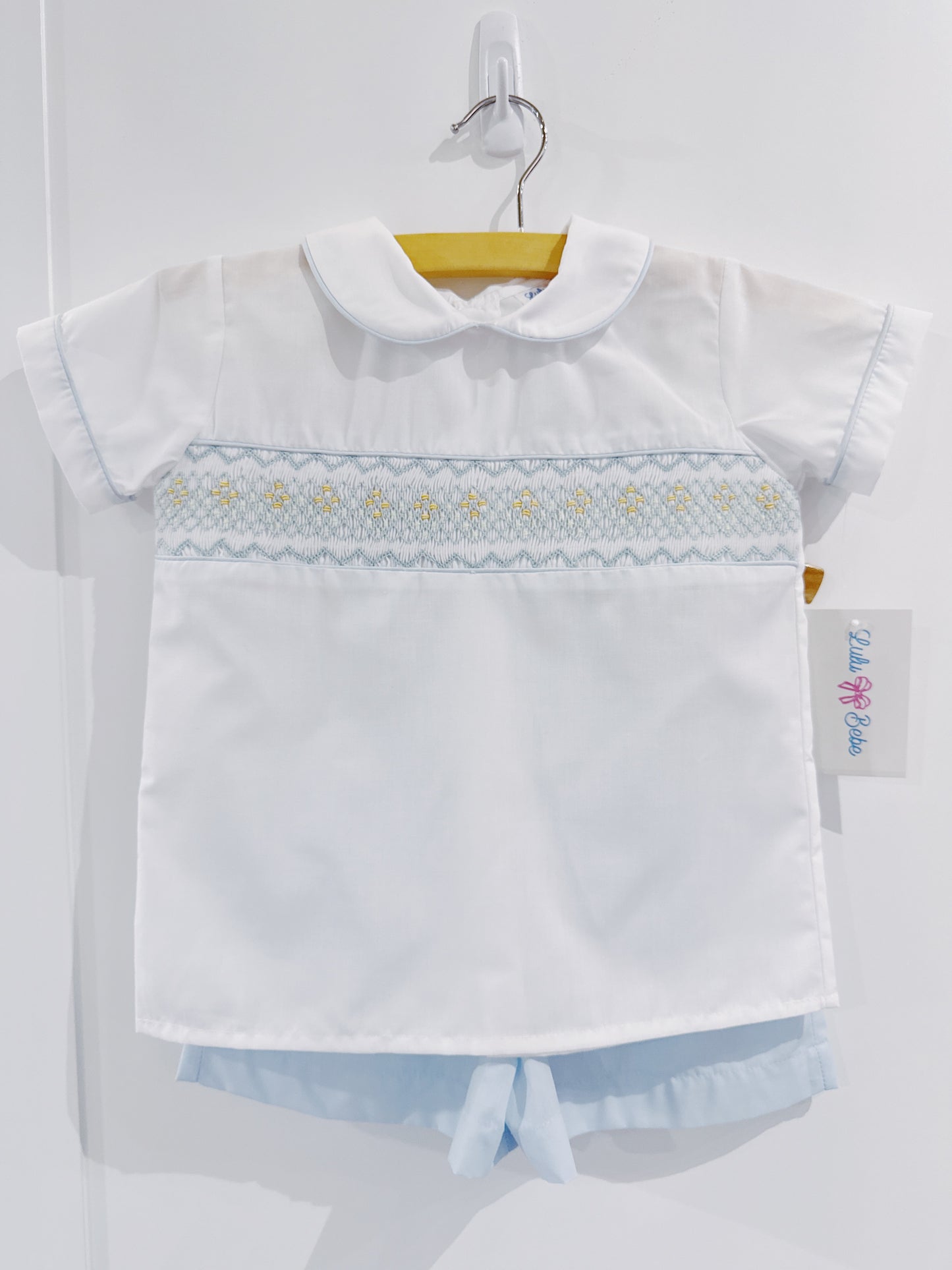 White/Light Blue Pastel Smocked Boys Short Set