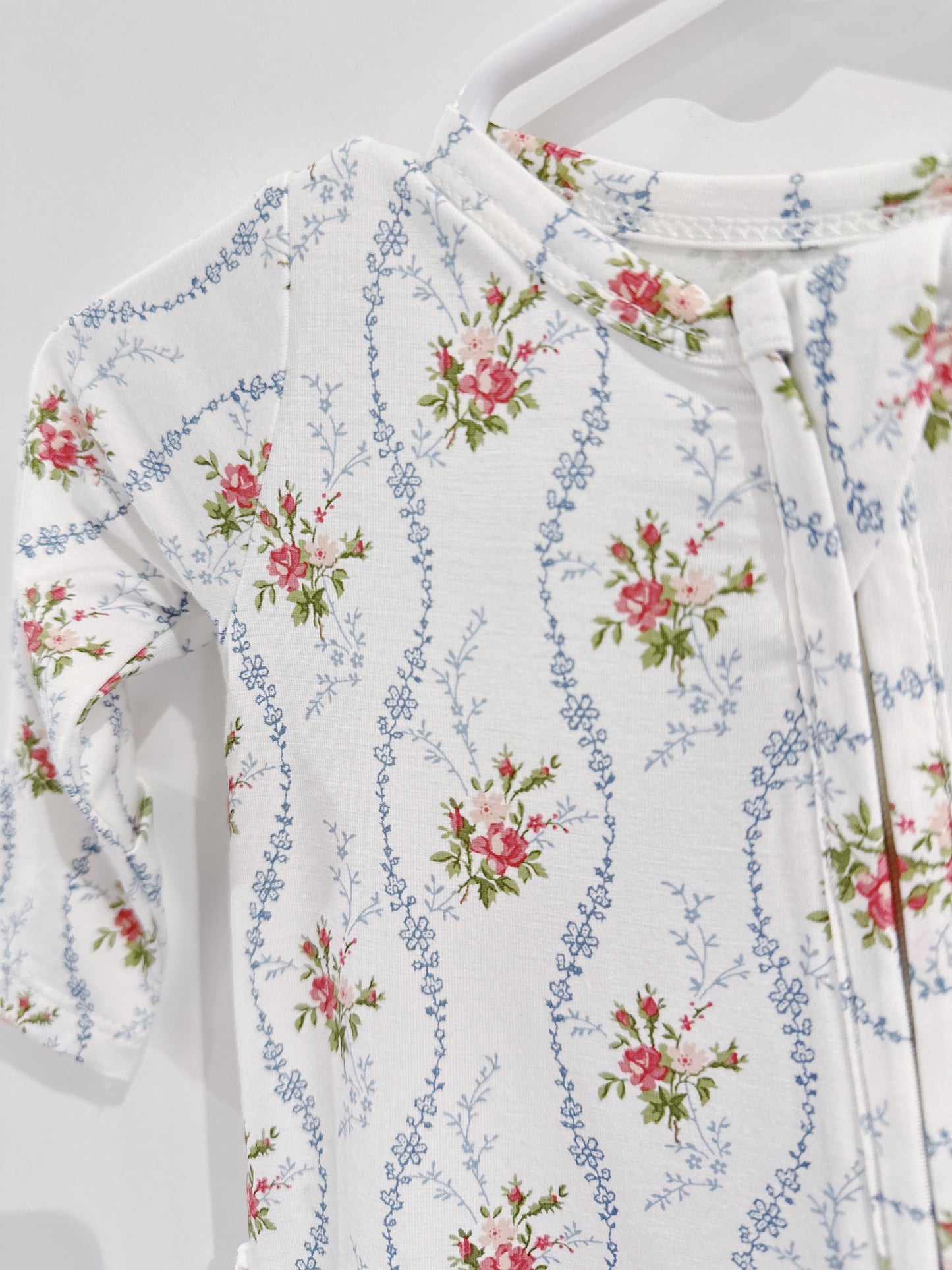 Heirloom Rose Stripe Ruffle Back 2 Way Zipper Footie