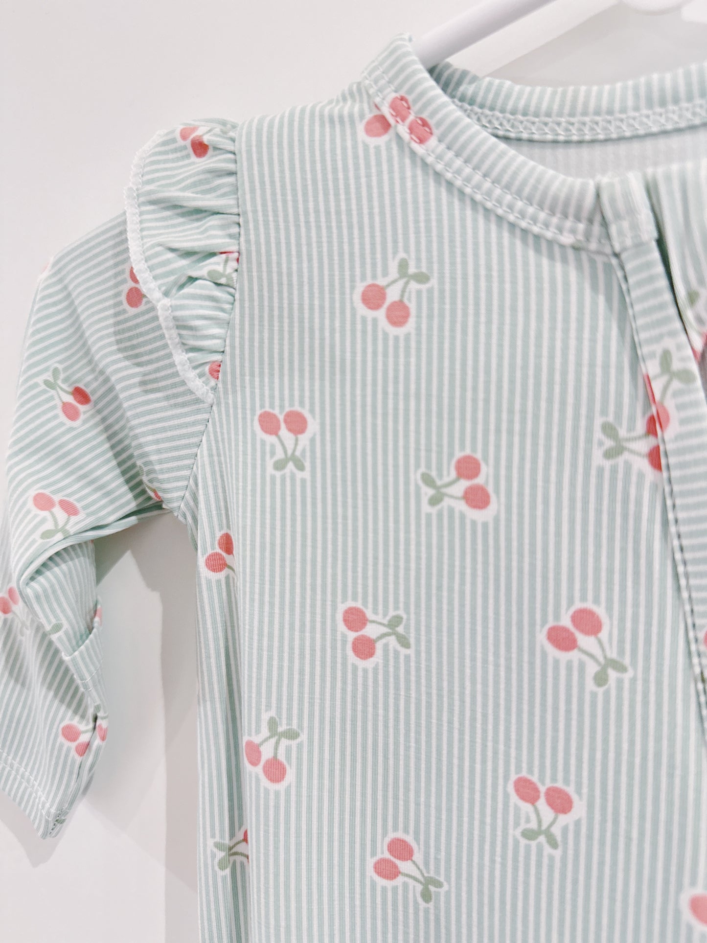 Tiny Cherry Stripe Ruffle Sleeve 2 Way Zipper Footie