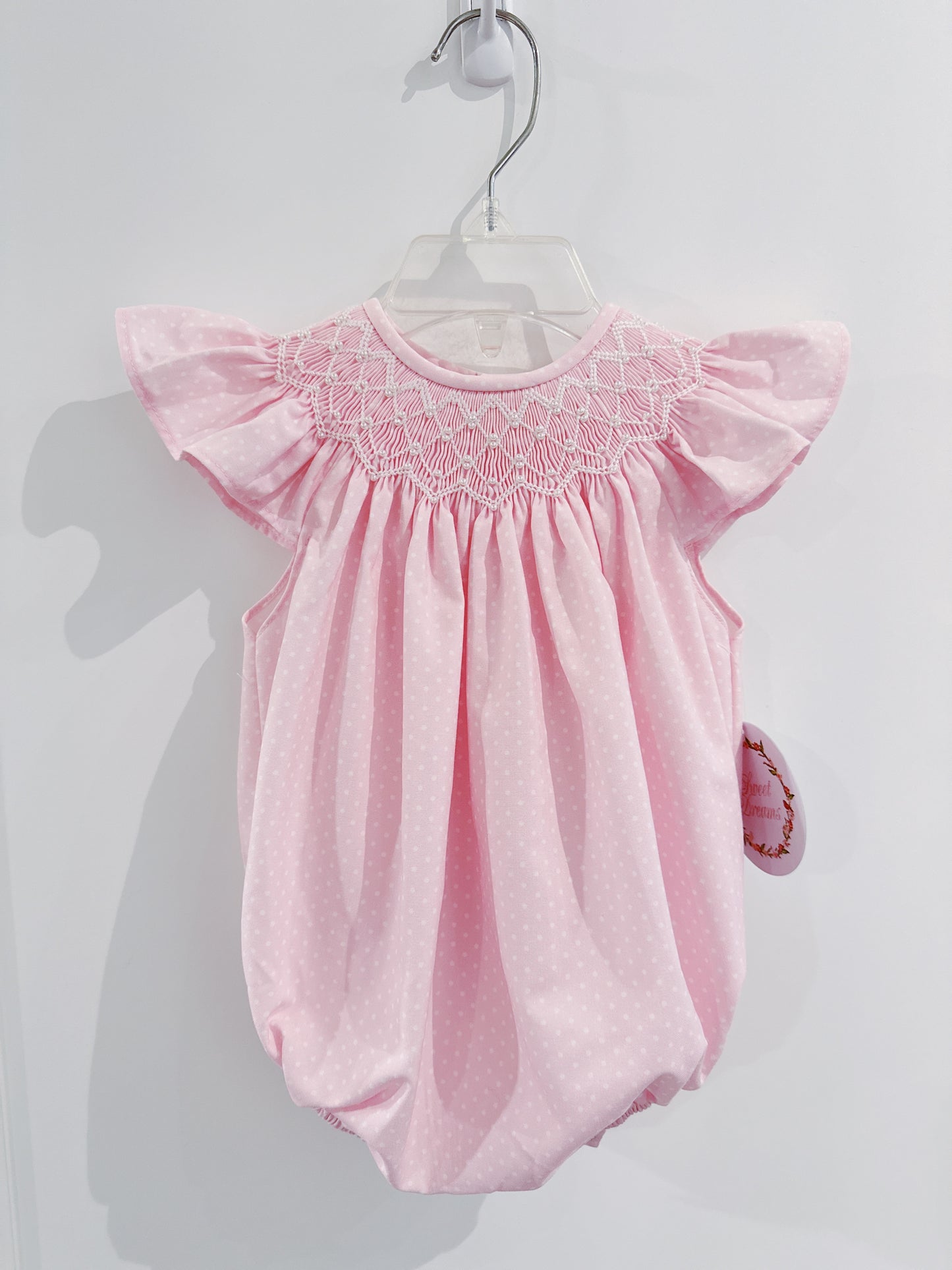 Pink Polka Dot Pearl Smocked Bubble