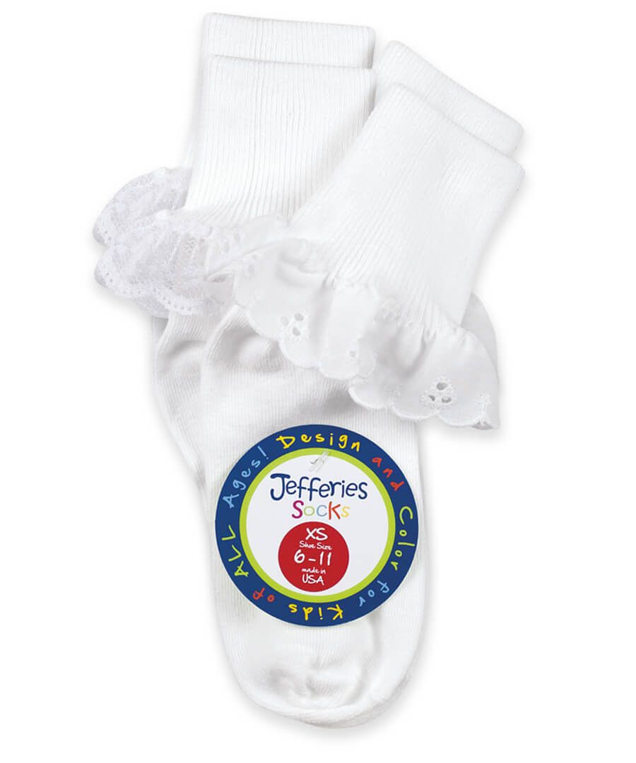 Jefferies Socks White Eyelet and Fancy Lace Turn Cuff Socks 2 Pair Pack