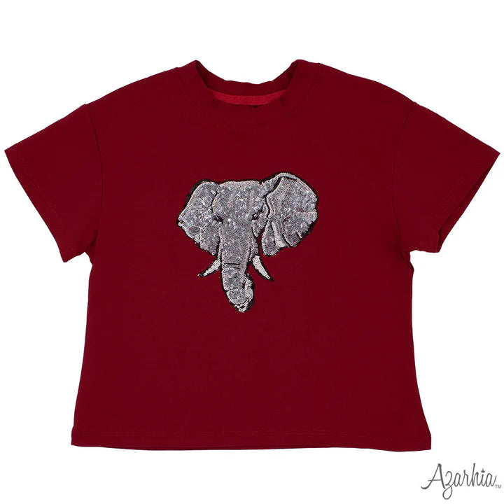 Azarhia Crimson Boxy Game Day Sequin Elephant Tee