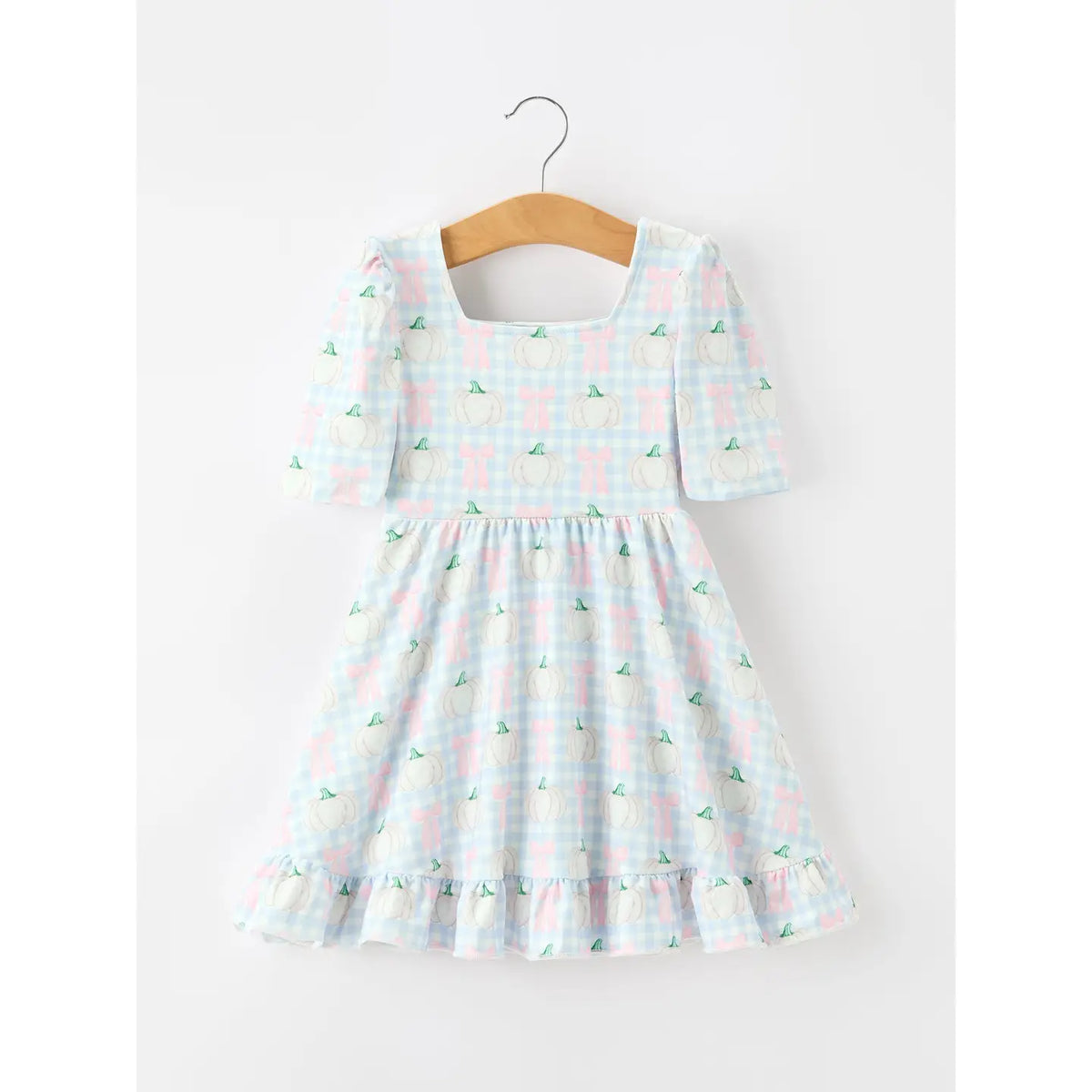Fall Pastel Pumpkin Ruffle Hem Twirl Dress