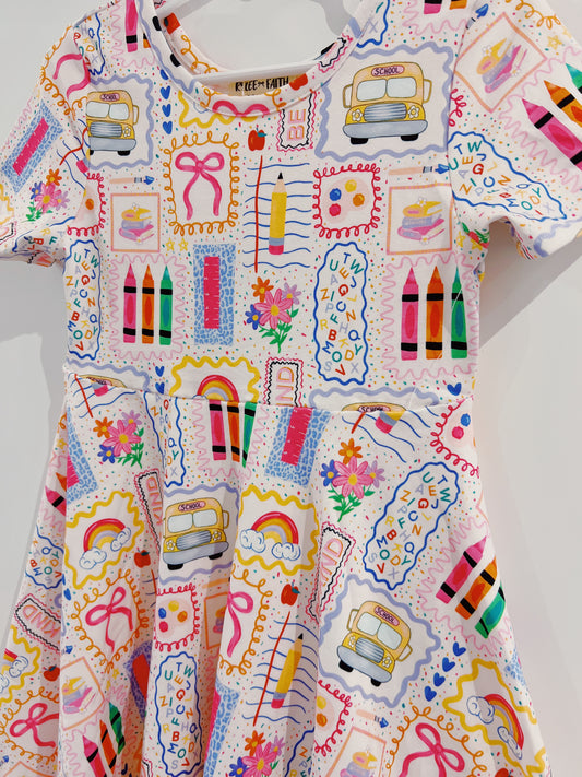 Back to School Rainbow Print Twirl Dress