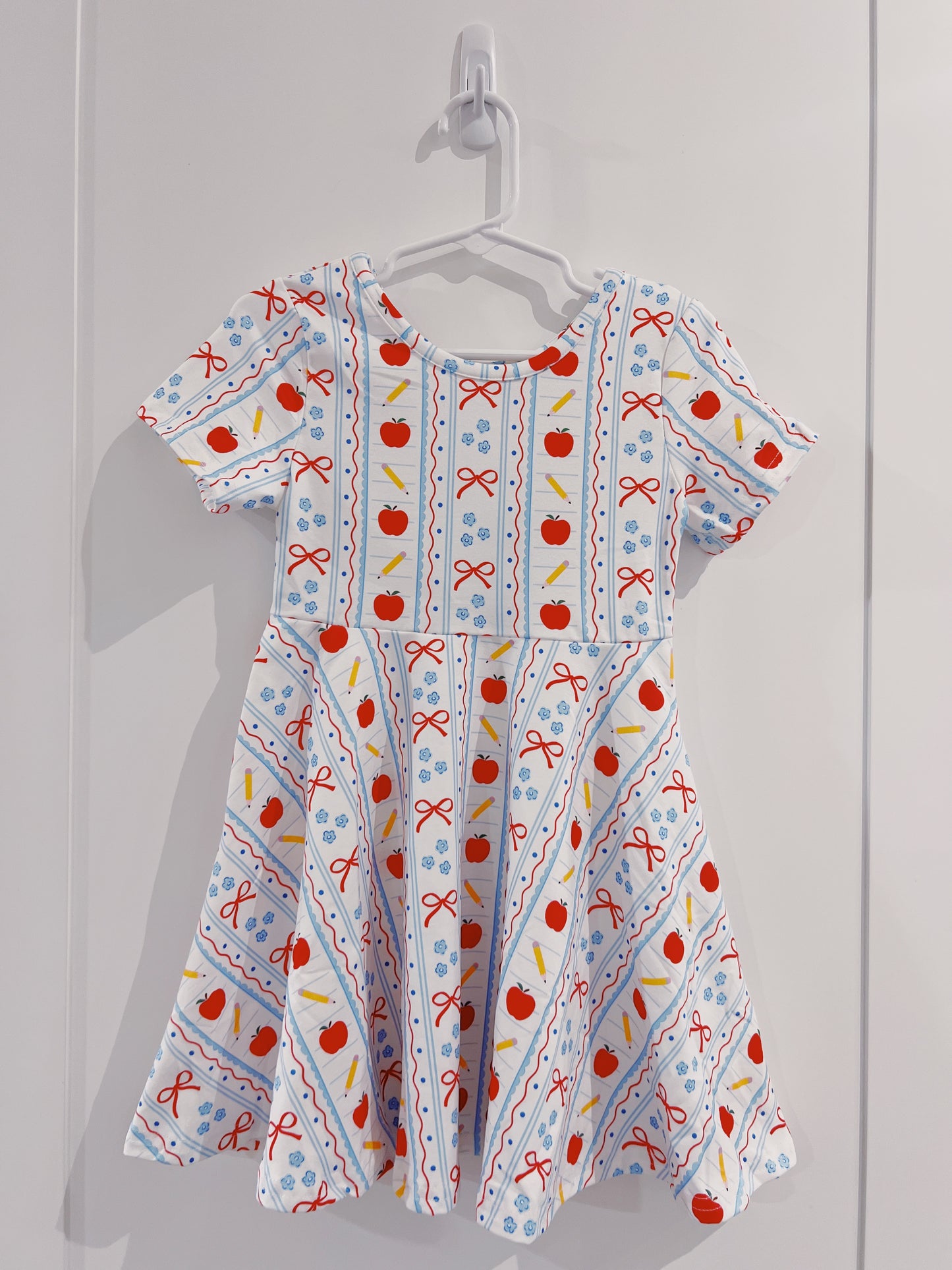 Back to School Apple Bow Stripe Twirl Dress
