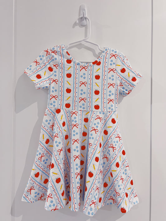 Back to School Apple Bow Stripe Twirl Dress