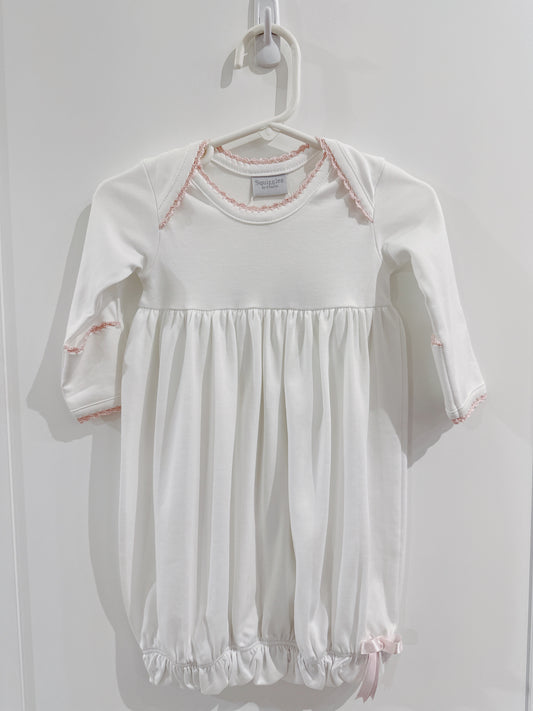 Crochet Edge Lap Shoulder Day Gown- White/Light Pink