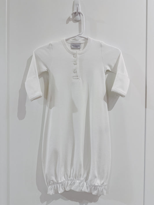 Button Front Baby Gown- White/White