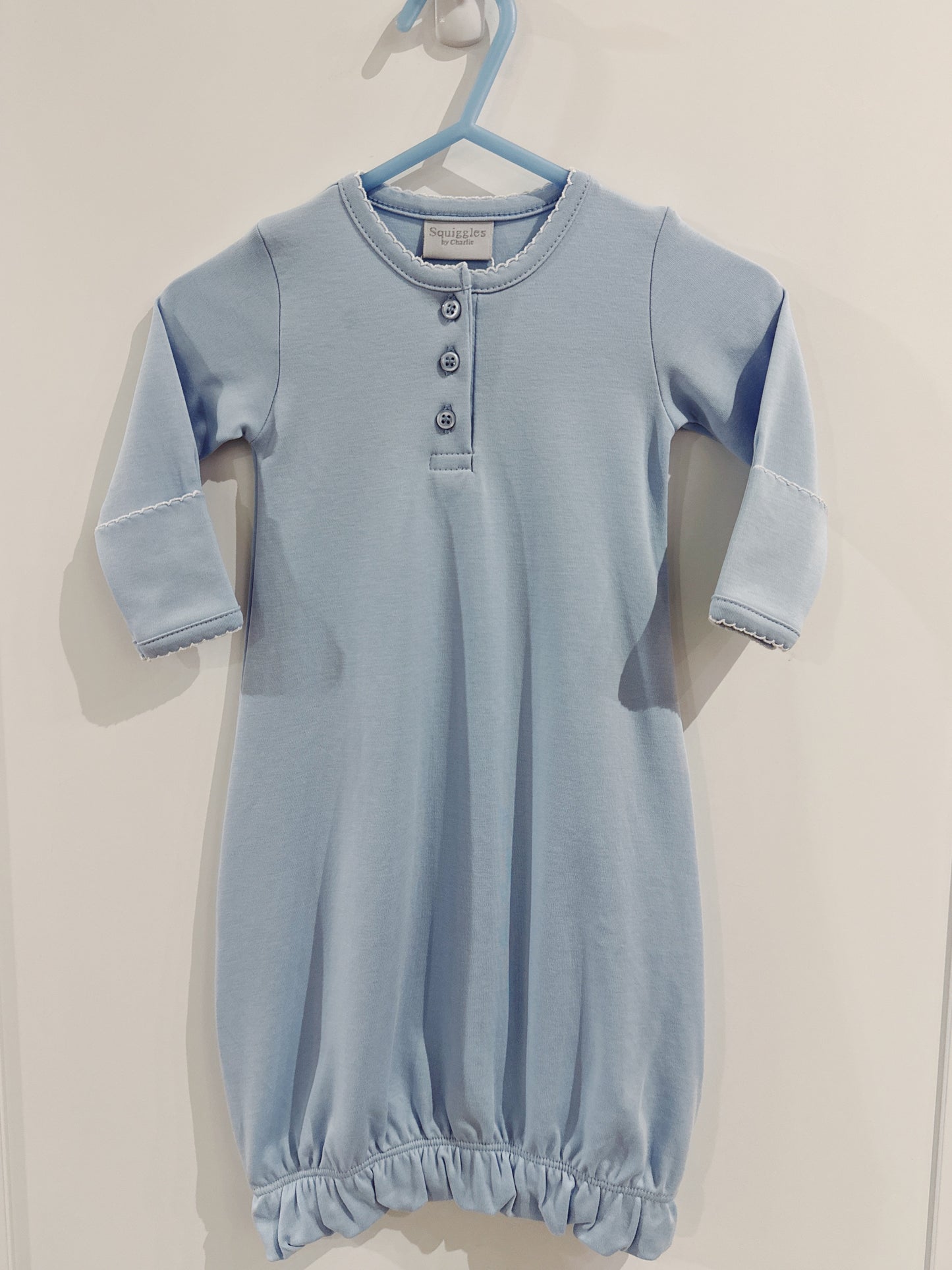Button Front Baby Gown- Medium Blue/White