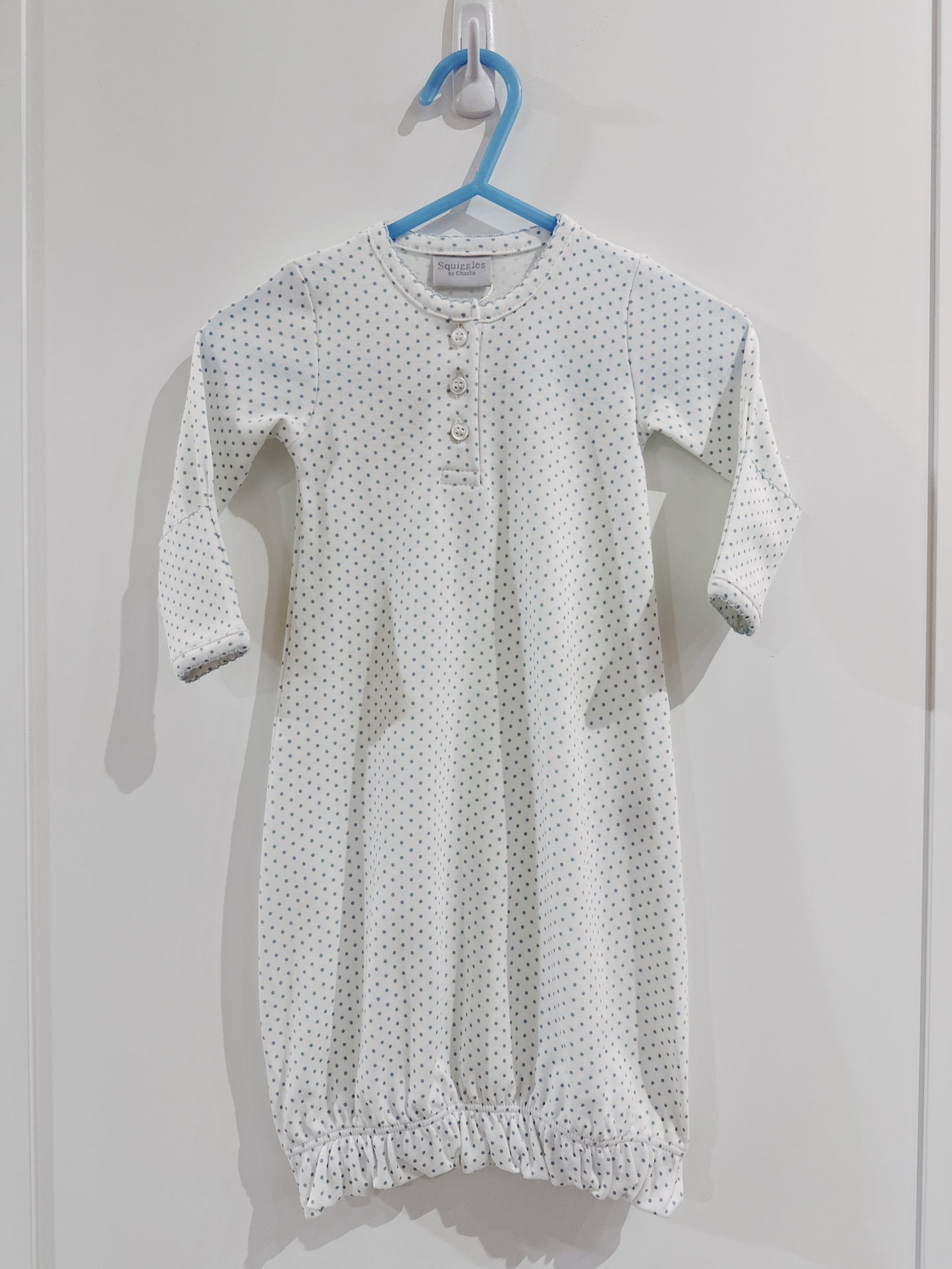 Button Front Baby Gown- Blue Mini Dot