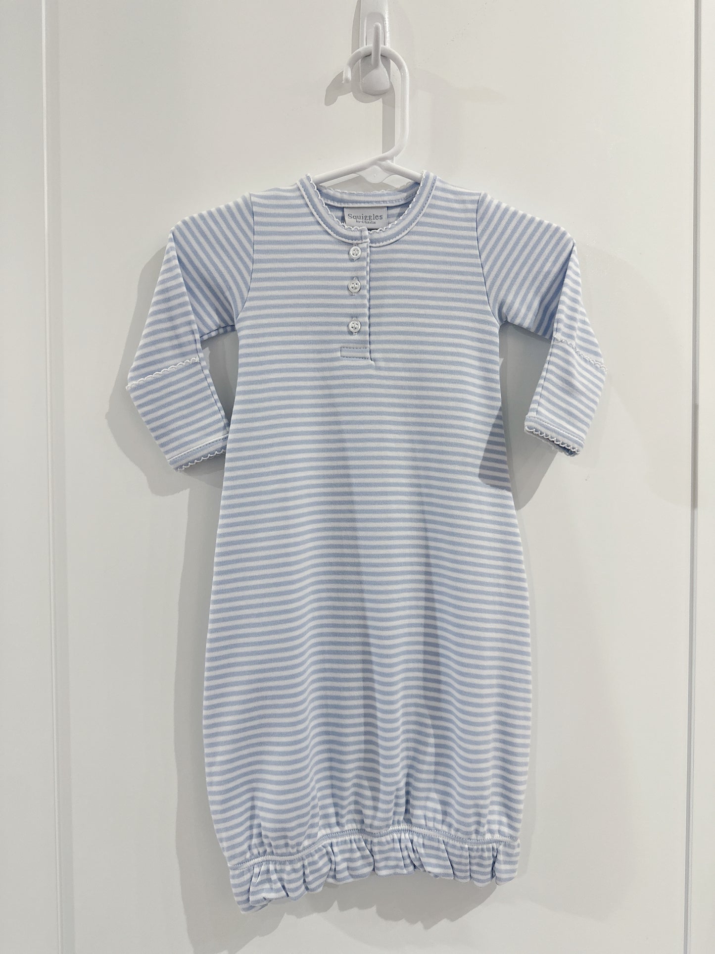 Button Front Baby Gown- Blue Wide Stripe