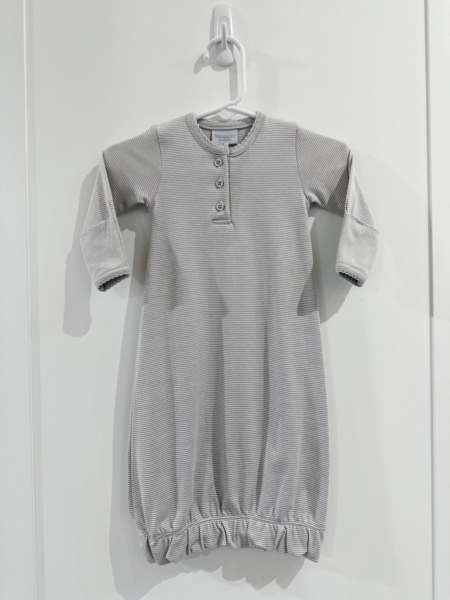Button Front Baby Gown- Grey Mini Stripe/Blue