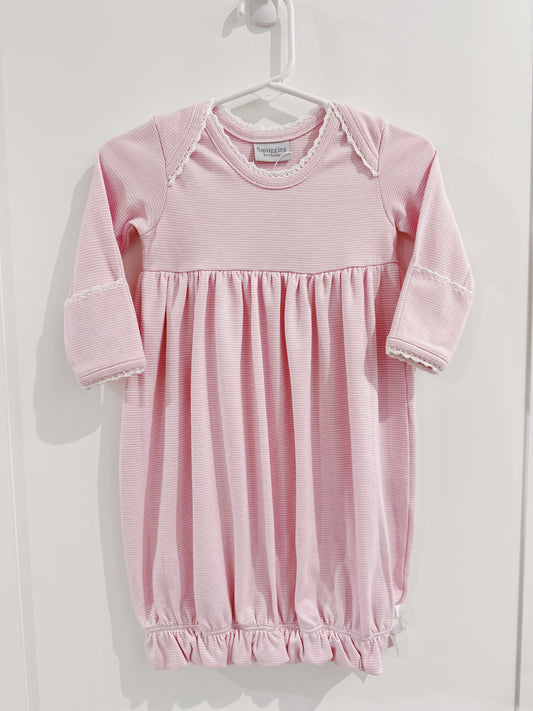 Crochet Edge Lap Shoulder Day Gown- Light Pink Stripe