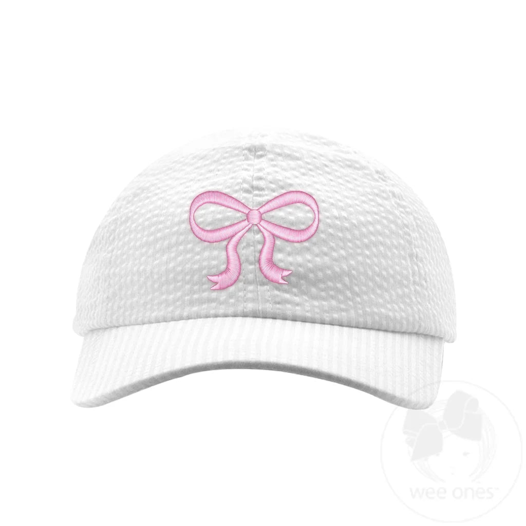 White Seersucker with Pink Bow Embroidered Ball Cap