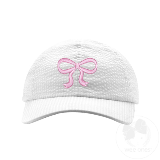 White Seersucker with Pink Bow Embroidered Ball Cap