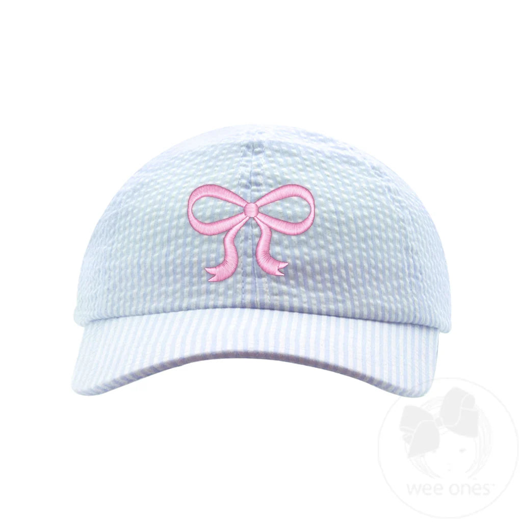 Blue Seersucker with Pink Bow Embroidered Ball Cap