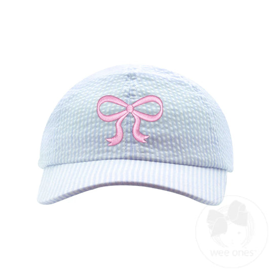 Blue Seersucker with Pink Bow Embroidered Ball Cap