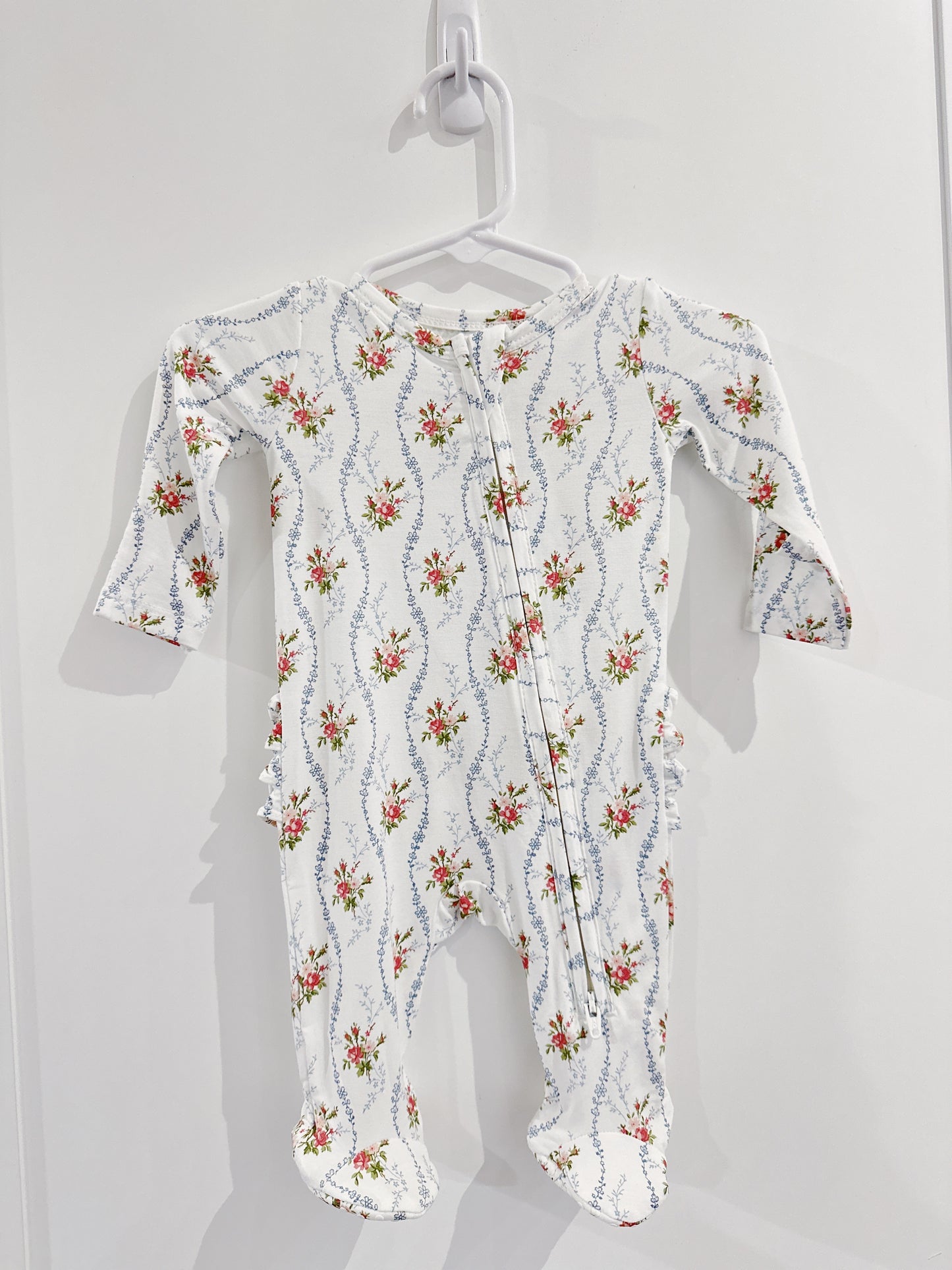 Heirloom Rose Stripe Ruffle Back 2 Way Zipper Footie