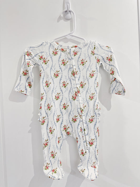 Heirloom Rose Stripe Ruffle Back 2 Way Zipper Footie