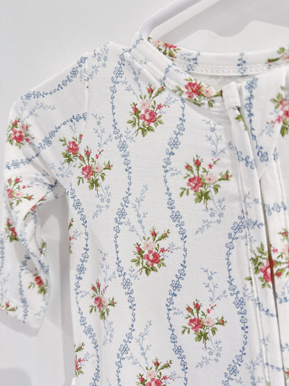 Heirloom Rose Stripe Ruffle Back 2 Way Zipper Footie