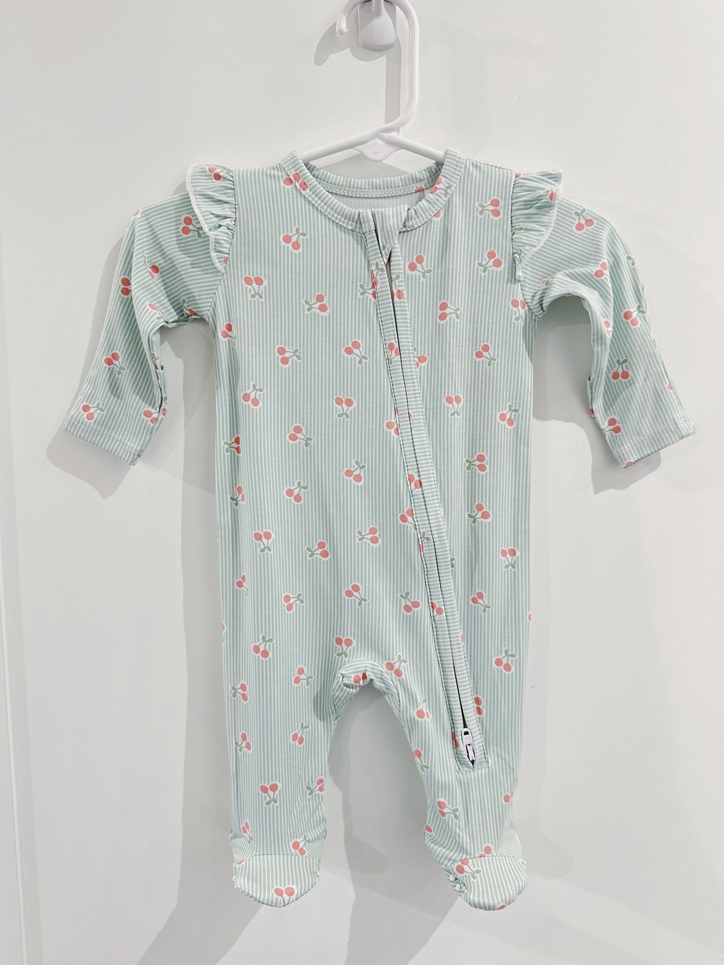 Tiny Cherry Stripe Ruffle Sleeve 2 Way Zipper Footie