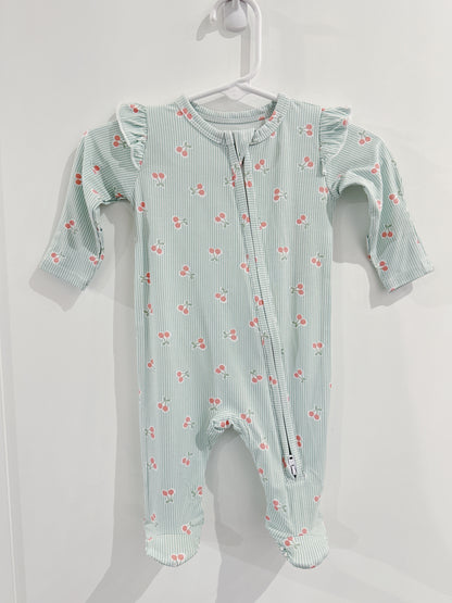 Tiny Cherry Stripe Ruffle Sleeve 2 Way Zipper Footie