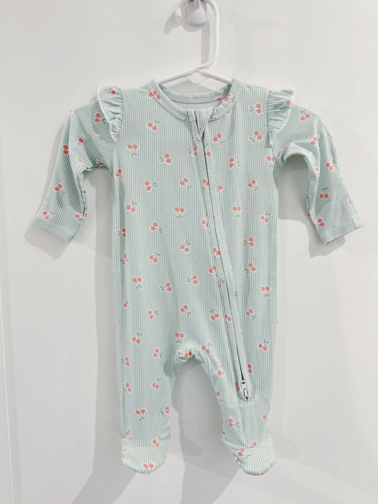 Tiny Cherry Stripe Ruffle Sleeve 2 Way Zipper Footie