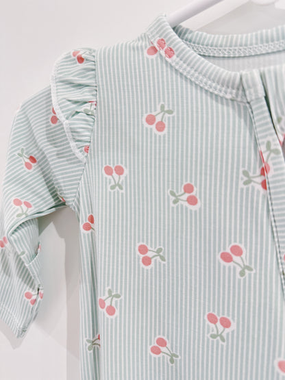 Tiny Cherry Stripe Ruffle Sleeve 2 Way Zipper Footie