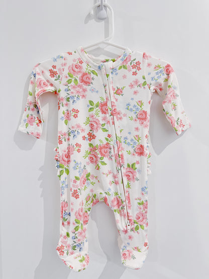 Cute Little Roses Ruffle Back 2 Way Zipper Footie