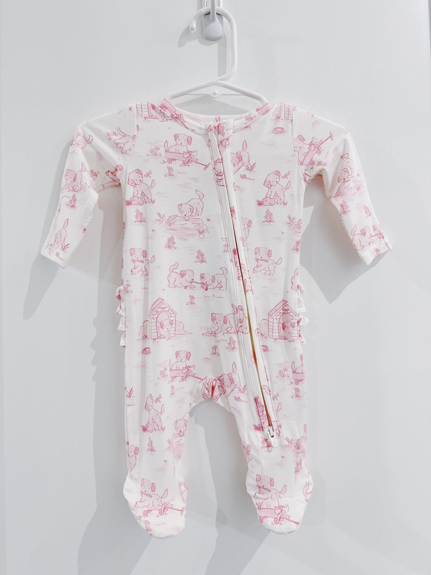 Pink Puppy Toile Ruffle Back 2 Way Zipper Footie