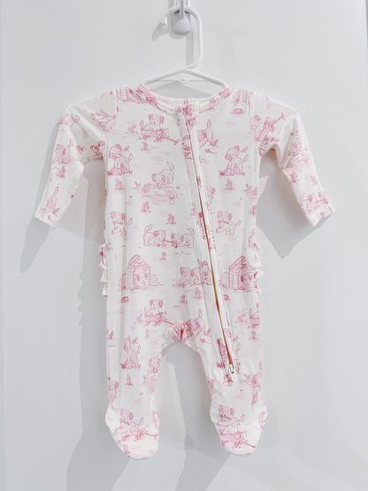 Pink Puppy Toile Ruffle Back 2 Way Zipper Footie
