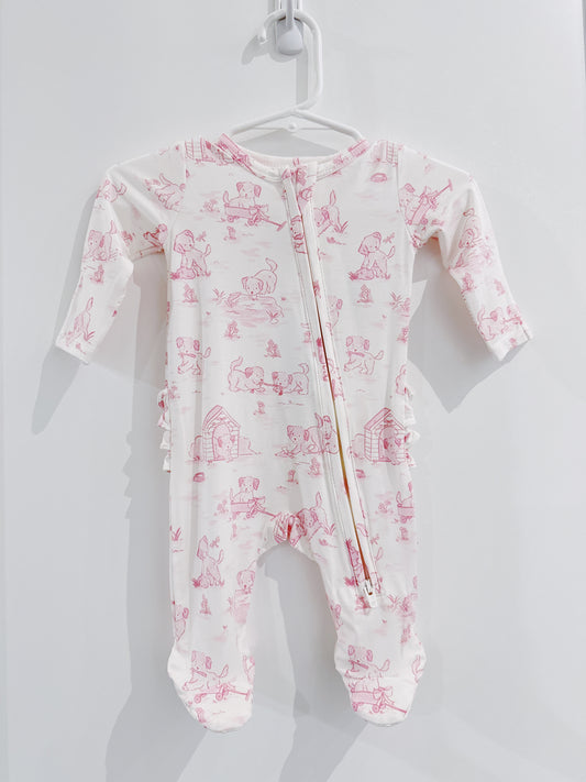Pink Puppy Toile Ruffle Back 2 Way Zipper Footie