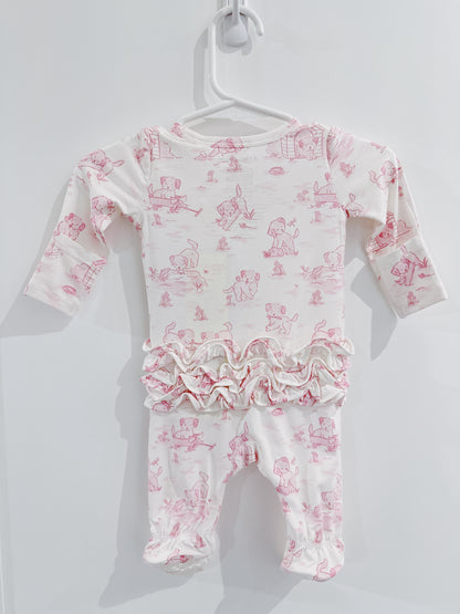 Pink Puppy Toile Ruffle Back 2 Way Zipper Footie