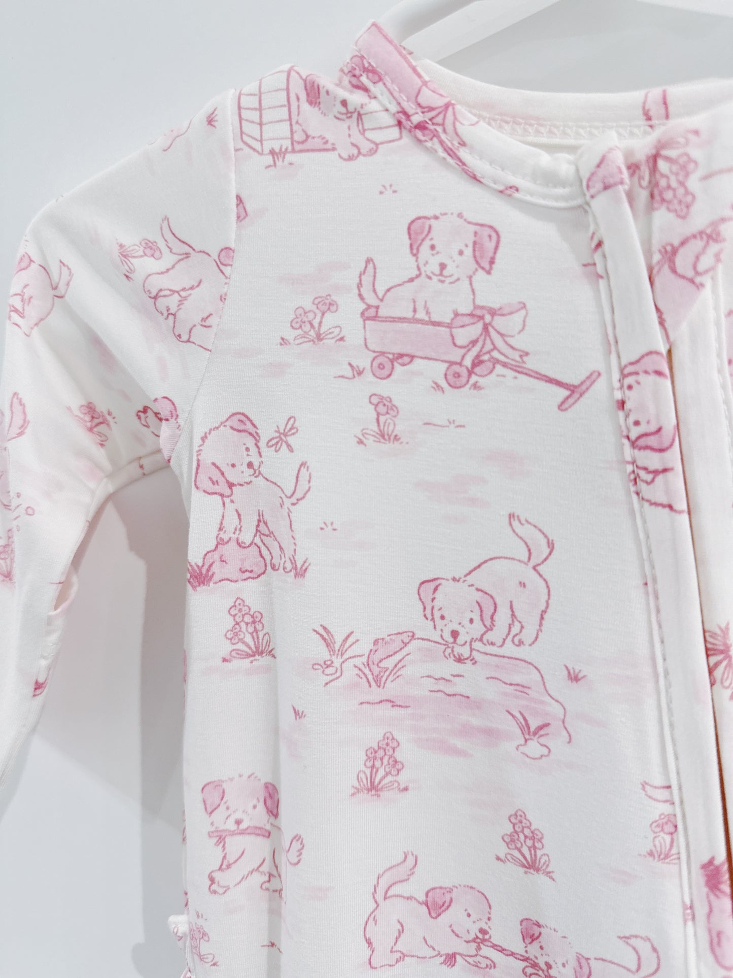 Pink Puppy Toile Ruffle Back 2 Way Zipper Footie