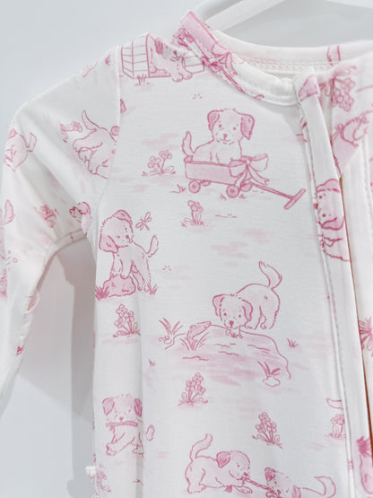 Pink Puppy Toile Ruffle Back 2 Way Zipper Footie