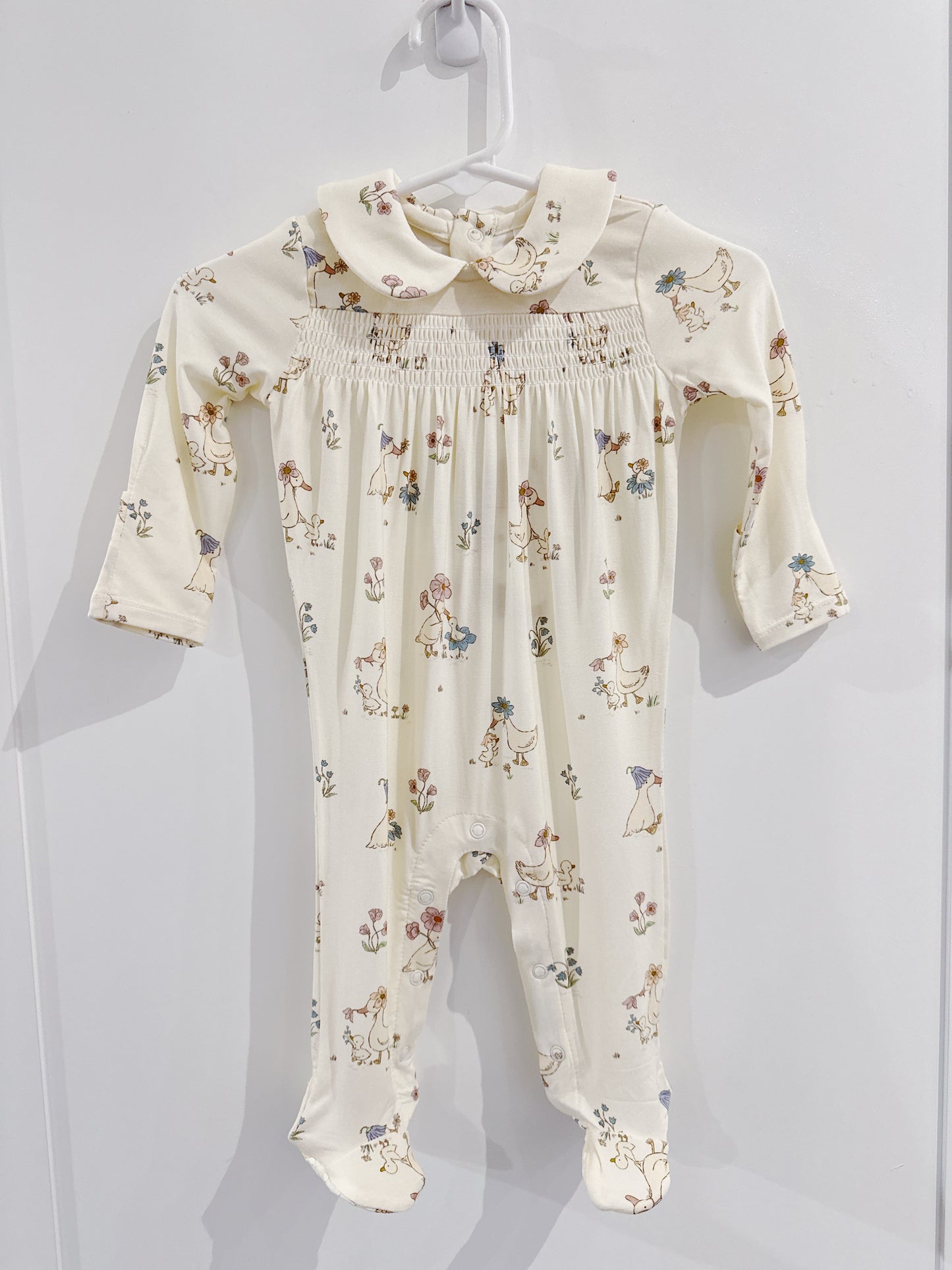 Flower Ducklings Smocked Snap Footie