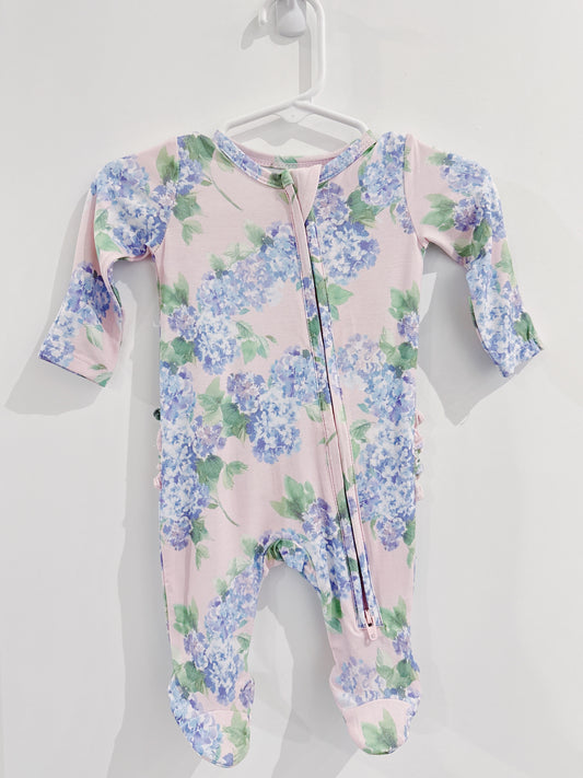 Hydrangeas Ruffle Back 2 Way Zipper Footie