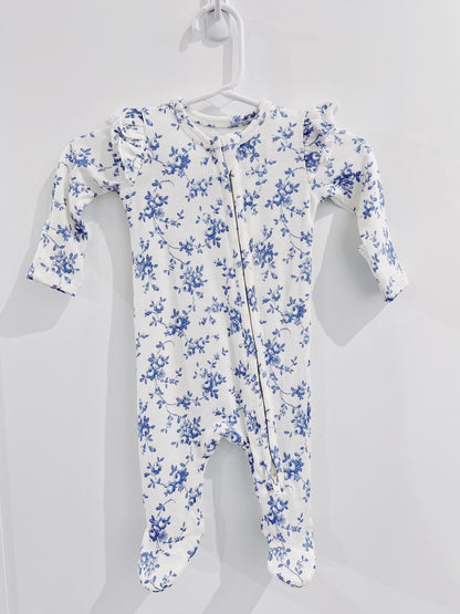 Baby Blue Vines Floral 2 Way Zipper Footie