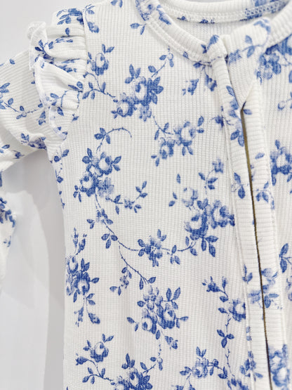 Baby Blue Vines Floral 2 Way Zipper Footie