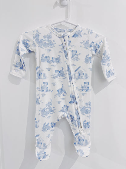 Blue Puppy Toile 2 Way Zipper Footie