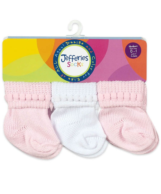Jefferies Socks Rock-A-Bye Turn Cuff Socks 6 Pair Pack- Pink/White