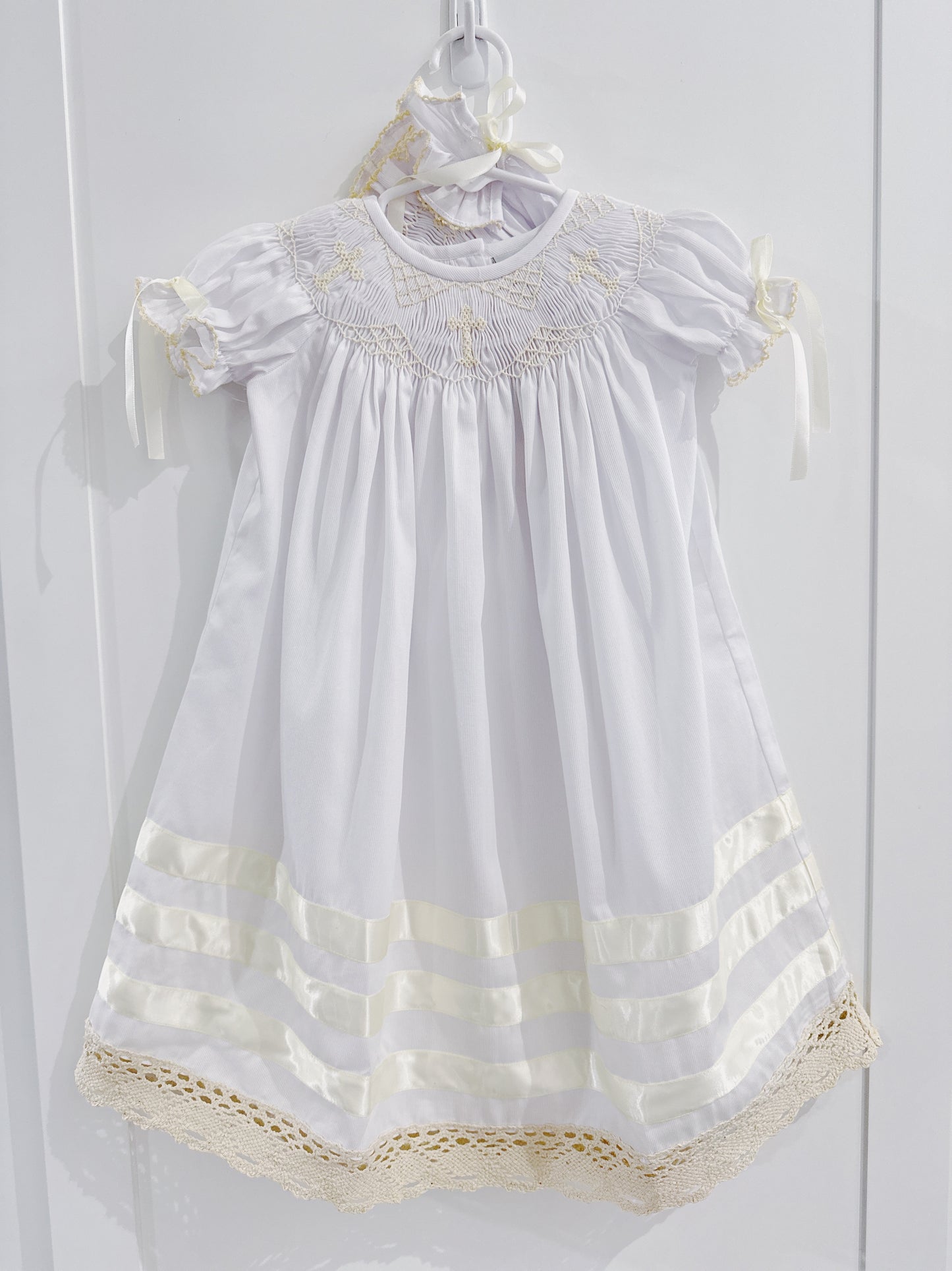 Delaney White Smocked Ecru Cross Daygown with Bonnet