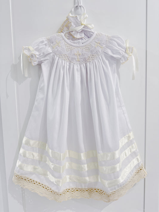 Delaney White Smocked Ecru Cross Daygown with Bonnet
