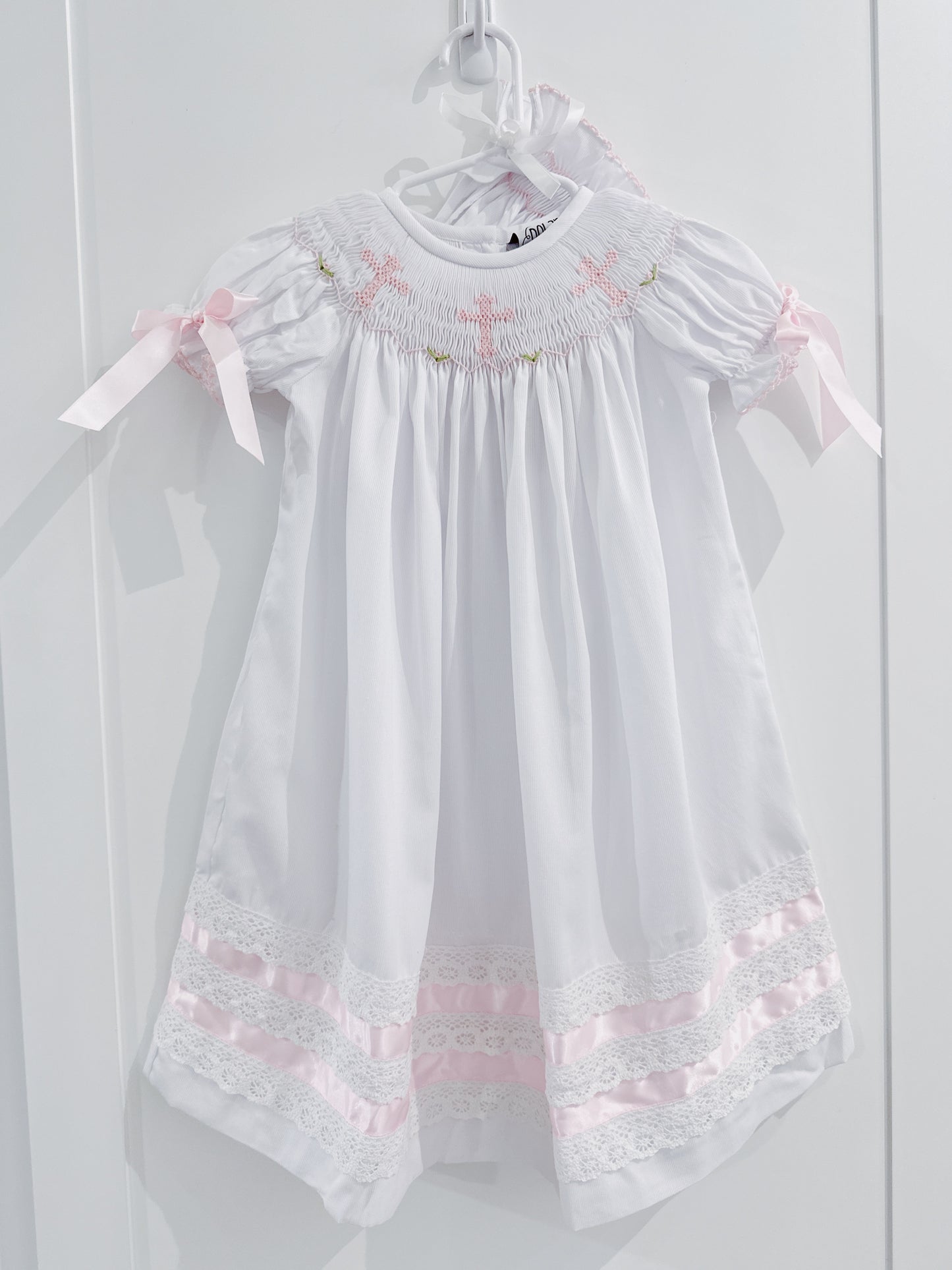 Delaney White Smocked Pink Cross Daygown with Bonnet